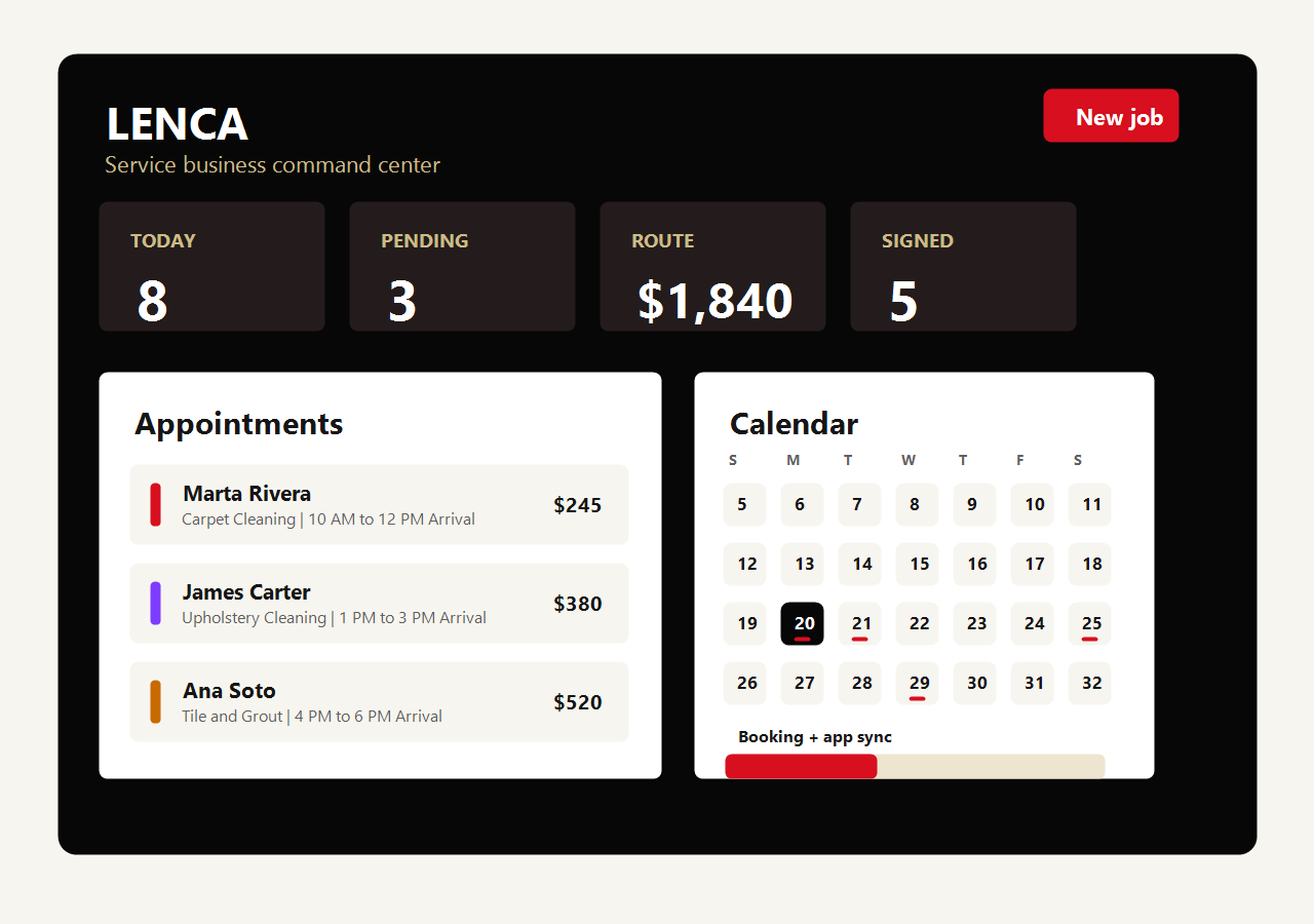 Lenca product dashboard preview showing appointments and service business workflow